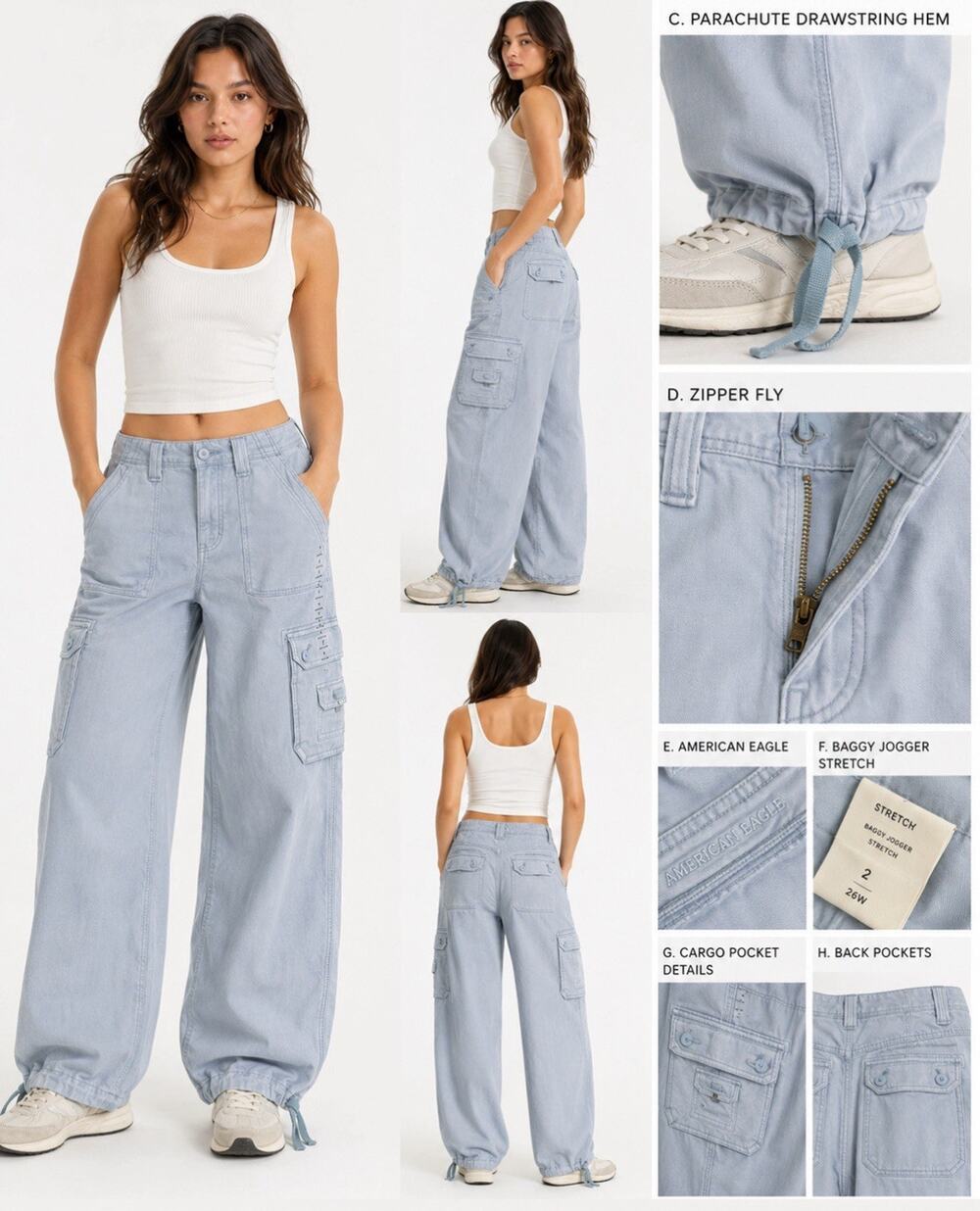 NWT Parachute Streetwear Retro AEO Baggy Jogger Cargo Pants Sz 2 Blue Grey Wash